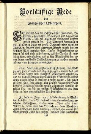Vorläuffige Rede des Frantzösischen Uebersetzers.