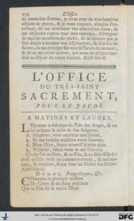 L'Office Du Très-Saint Sacrement, Pour Le Jeudi.