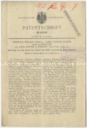 Patentschrift einer Neuerung an dem durch Patent Nr. 35152 geschützten Wassermesser, Patent-Nr. 42039
