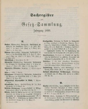 Sachregister zur Gesetz-Sammlung Jahrgang 1890