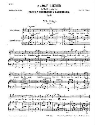 Felix Mendelssohn-Bartholdys Werke, 19,142. Nr. 142, Zwölf Lieder : op. 9. - 17 S. - Pl.-Nr. M.B.142