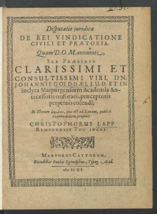 Disputatio iuridica De Rei Vindicatione Civili Et Praetoria