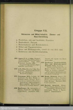 Gruppe VII. Holzwaren- und Möbel-Industrie. Zimmer- und Haus-Einrichtung