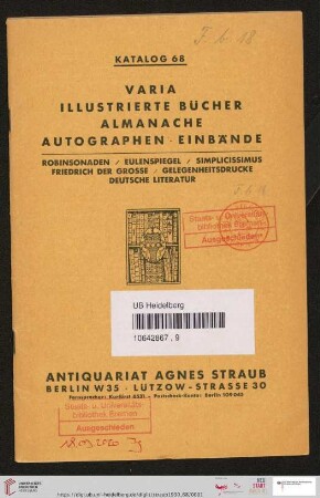 Nr. 68: Katalog: Varia, illustrierte Bücher, Almanache, Autographen, Einbände