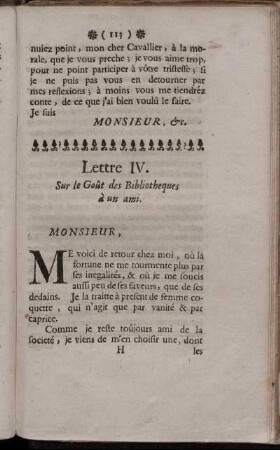 Lettre IV. Sur le Gout des Bibliotheques à un ami.