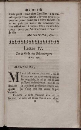 Lettre IV. Sur le Gout des Bibliotheques à un ami.