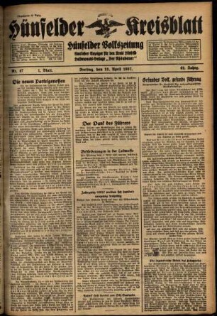 Erste Ausgabe vom Freitag, den 23. April 1937.