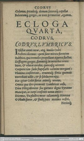 Ecloga Quarta Codrus. Codrus Lumbricus