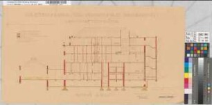 Erweiterungsbau des Krankenhauses Bardenberg. Wirtschaftsgebäude. Z.T. kolorierte Grundrisse und Schnitte.Schnitte