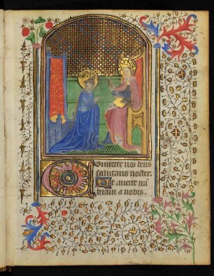Vollbordürenseite mit Miniatur (Marienkrönung), Initiale D und Fadenrankenbordüre