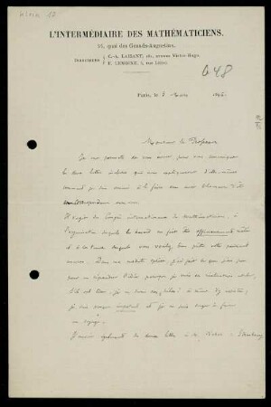 Brief von Emile Lemoine an Felix Klein, Paris, 3.3.1896