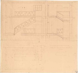 Fischer, Theodor; München - Westend; Wohnblock Leonhard Moll - Block III Ganghoferstrasse Treppe vom 4. OG zum Speicher in den Eckhäusern (Grundriss,Schnitte)