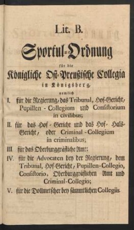 Lit. B. Sportul-Ordnung für die Königliche Ost-Preußische Collegia in Königsberg, ...