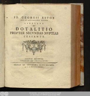 Io. Georgii Estor Icti Et Antecessoris Ienensis Libellvs De Dotalitio Propter Secvndas Nvptias Cessante