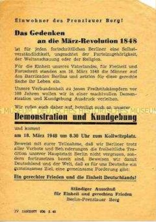 Einladung des Ständigen Ausschusses für Einheit und gerechten Frieden zur Gedenk-Kundgebung anlässlich des 100. Jahrestages der bürgerlichen Revolution in Deutschland