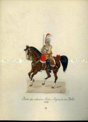 Uniformdarstellung, Reiter des schweren Reiter-Regiments von Plotho zu Pferd, 1683. Aus: Sammelmappe "Sachsens Militär", Königliche Arsenalsammlung.