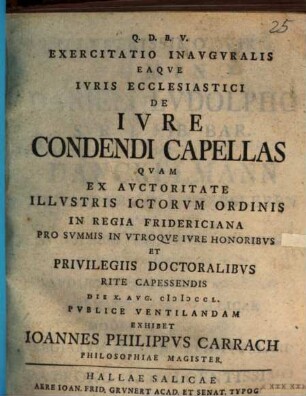 Exercitatio inauguralis eaque iuris ecclesiastici de iure condendi capellas