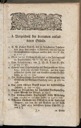 I. Verzeichniß der hierinnen enthaltenen Stücke.