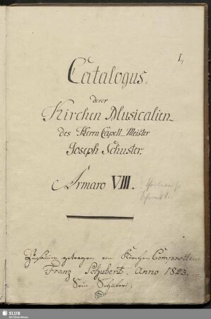 Catalogus derer Kirchen Musicalien des Herrn Capell-Meister Joseph Schuster. Armaro VIII. - Bibl.Arch.III.Hb,Vol.791.ba