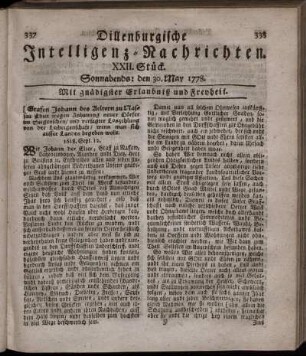 XXII. Stück. Sonnabends: den 30. May 1778.