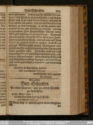 Ein ander Bitt-Schreiben An einen Patron, uns zu einem Dienste zu verhelffen.