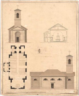Voit, Johann Michael; Entwurf für eine Kirche - Lageplan, Grundriss, Ansichten, Schnitt