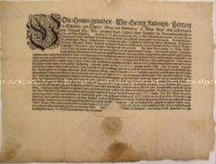 Patent von Georg Rudolph Herzog von Liegnitz über die Besteuerung von Handel treibenden Juden in Schlesien