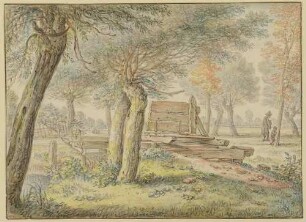 Landschaft mit Kopfweiden und Holzbrücke