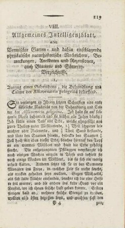 VIII. Allegemeines Intelligenzblatt, oder Vermischte Garten- und dahin einschlagende physikalische naturhistorische Nachrichten, ...