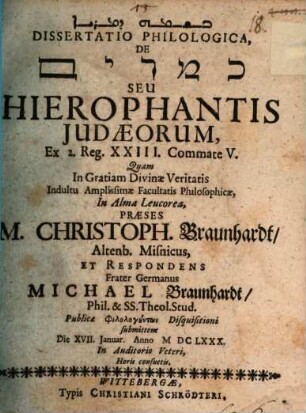 Diss. philol. de kemārîm seu hierophantis Judaeorum : ex 2. Reg. XXIII. commate V.