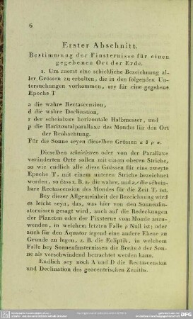 Erster Abschnitt. Bestimmung der Finsternisse für einen gegebenen Ort der Erde