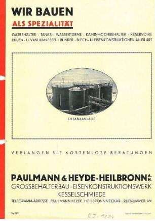 Werbeblatt der Fa. Paulmann & Heyde, Heilbronn für den Behälterbau