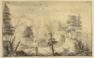Gebirgslandschaft mit Brücke und Fußgänger