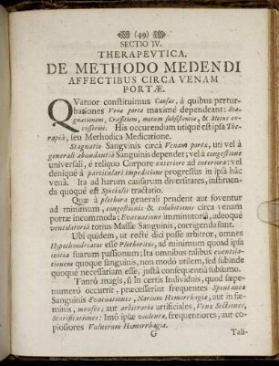 Sectio IV. Therapeutica. De Methodo Medendi Affectibus Circa Venam Portæ.