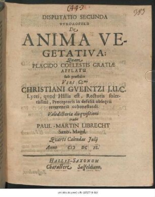 Disputatio Secunda Psychologikē De Anima Vegetativa