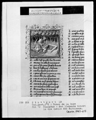 Guillaume de Lorris und Jean de Meun, Roman de la Rose sowie Le Testament und le Codicile von Jean de Meun — Der Liebende blickt in die Quelle des Narcissus, Folio 12recto