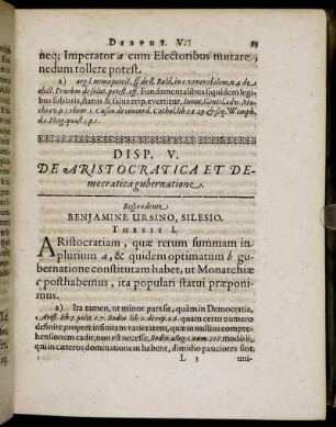 Disp. V. De Aristocratica Et Democratica gubernatione.