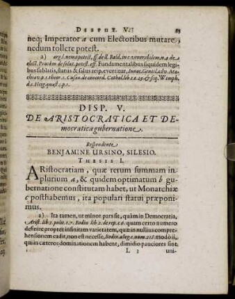 Disp. V. De Aristocratica Et Democratica gubernatione.