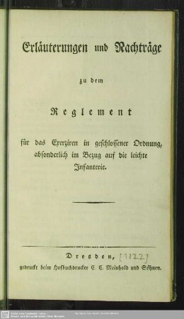 Erläuterungen und Nachträge zu dem Reglement für das Exerziren in geschlossener Ordnung, absonderlich im Bezug auf die leichte Infanterie