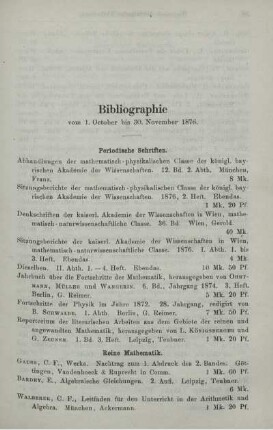 Bibliographie vom 1. October bis 30. November 1876.