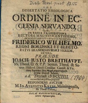 Dissertatio Theologica De ordine In Ecclesia Servando