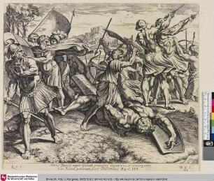 [David tötet den Riesen Goliath.; David tue le géant Goliath.]