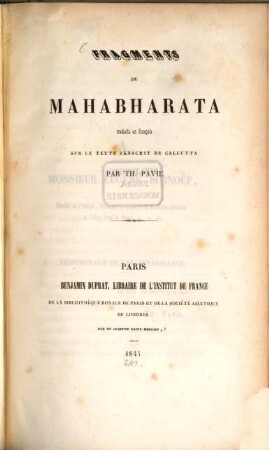 Fragments du Mahabharata, traduits en Français sur le texte Sanscrit de Calcutta