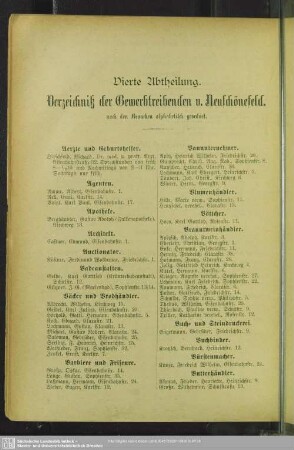 Vierte Abtheilung. Berufsklassen und Gewerbebetriebe : Vierte Abtheilung. Verzeichniß der Gewerbtreibenden v. Neuschönefeld