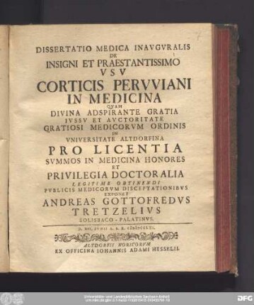Dissertatio Medica Inavgvralis De Insigni Et Praestantissimo Vsv Corticis Pervviani In Medicina