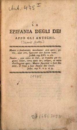 La Epifania degli dei appo gli antichi