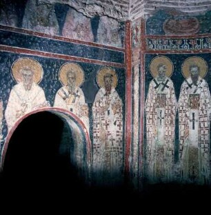 Trikala. Panagia tis Portas, Inneres, Apsisfresken, Kirchenlehrer, um 1300