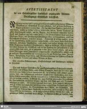 Avertissement die von Calenbergischer Landschaft anzulegende Witwen-Verpflegungs-Geselschaft betreffend