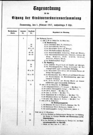 Anlage: Tagesordnung für die Sitzung, 27. Januar 1917