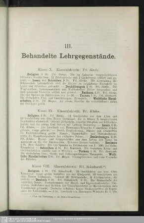 III. Behandelte Lehrgegenstände